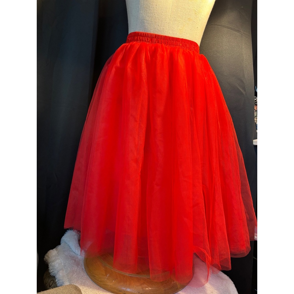 Red Tulle Midi Skirt Elastic Waist Layered Mesh Costume Dance Ballerina Skirt